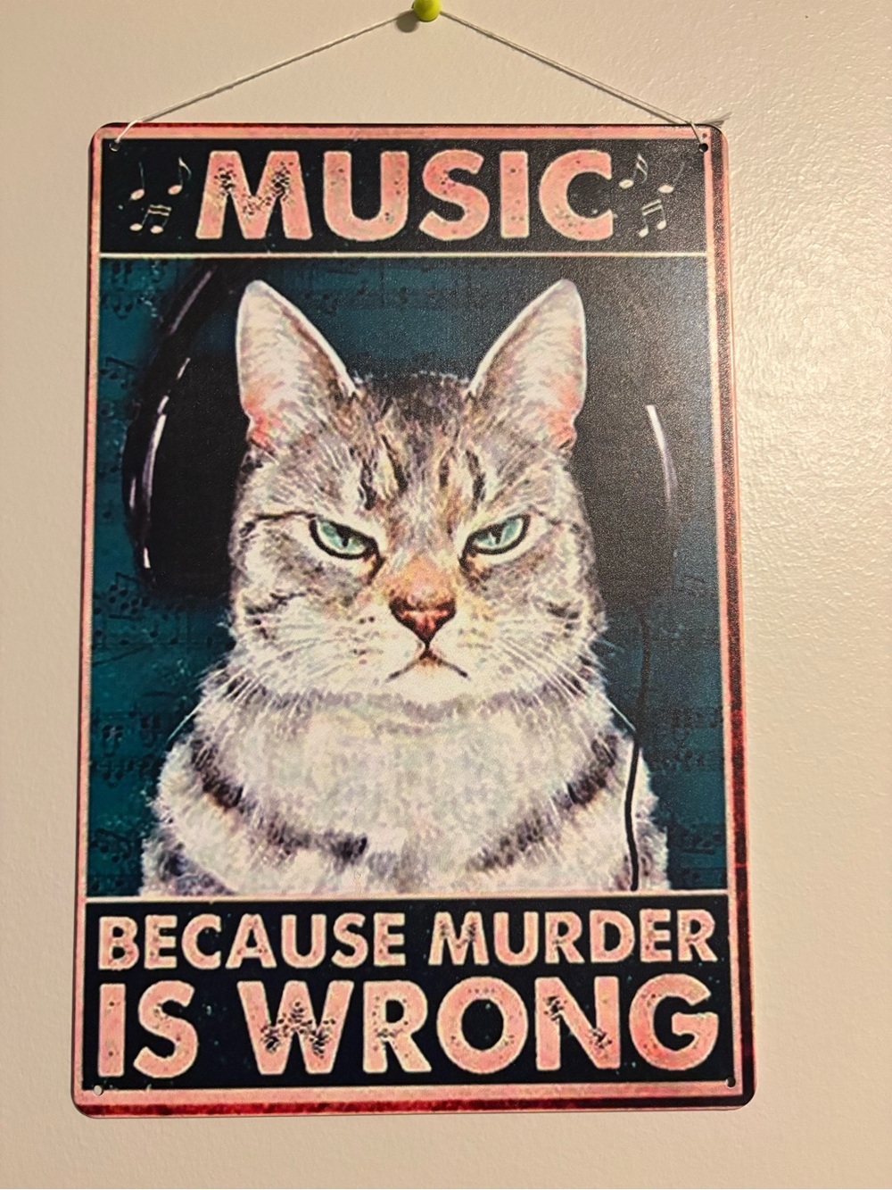 Music Cat Wall Art Sign - Pink and Teal